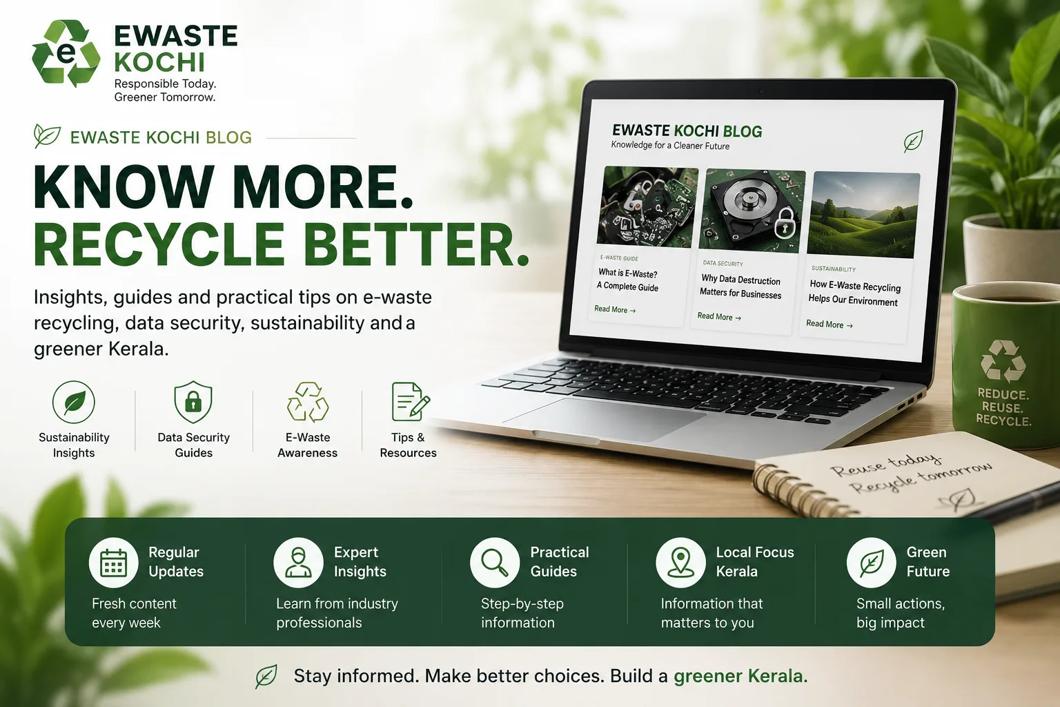 Ewaste Kochi blog hero visual for e-waste recycling insights, data security guides, sustainability tips, and practical resources for Kerala.