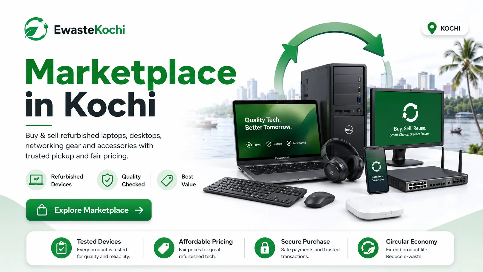 Ewaste Kochi marketplace visual with refurbished laptops, desktops, networking gear, accessories, Kochi location marker, and service cues for tested devices, affordable pricing, secure purchase, and circular economy.