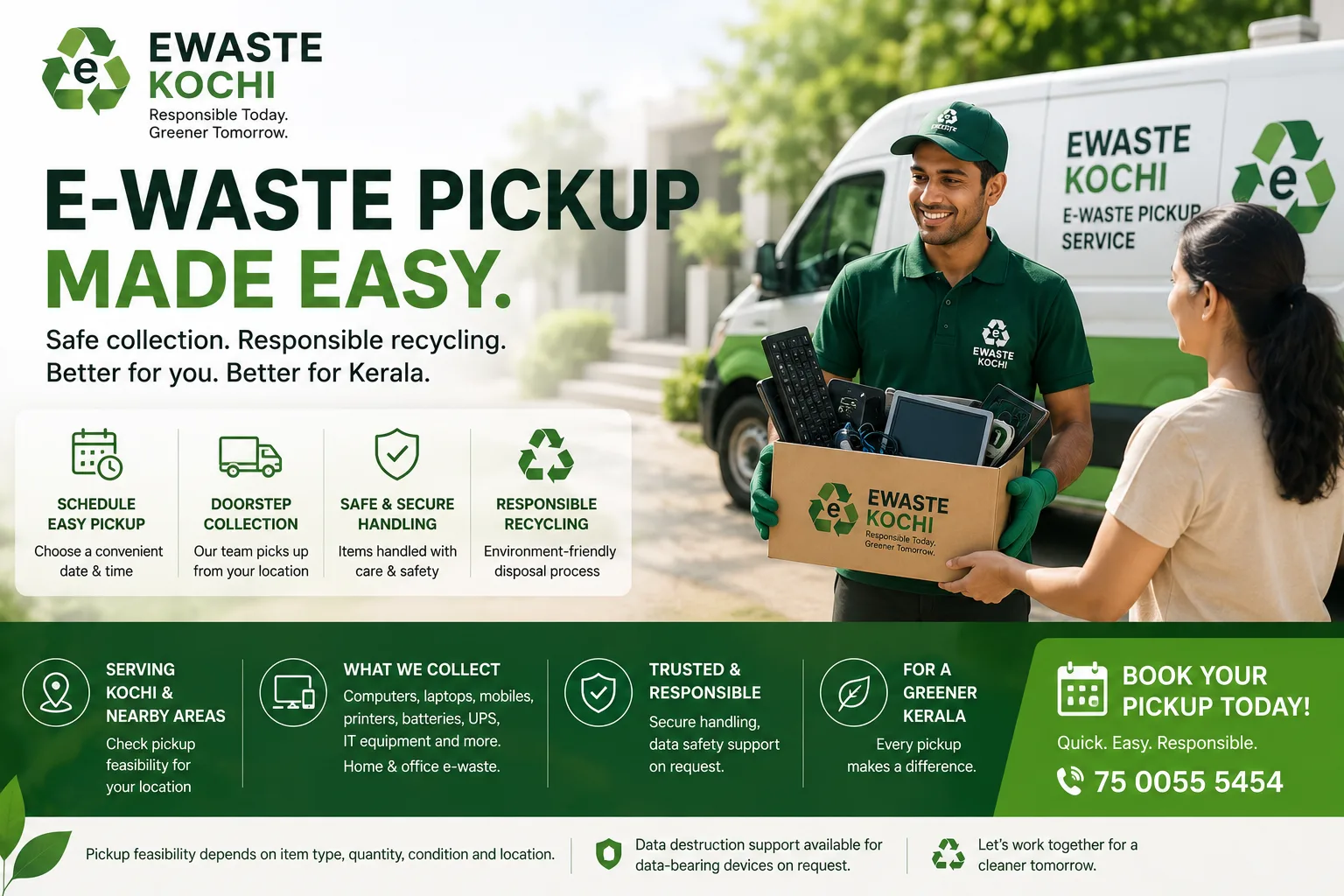 Ewaste Kochi doorstep pickup visual showing an e-waste pickup team collecting electronics from a customer, with service cues for scheduling, collection, safe handling, and responsible recycling.